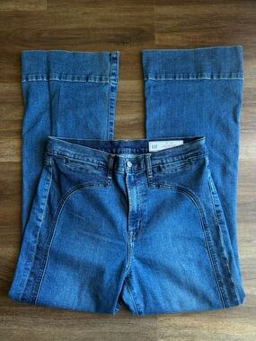 GAP 70s Flare High Rise Jeans Size 31 Blue Denim Retro Wide Leg Vintage Style